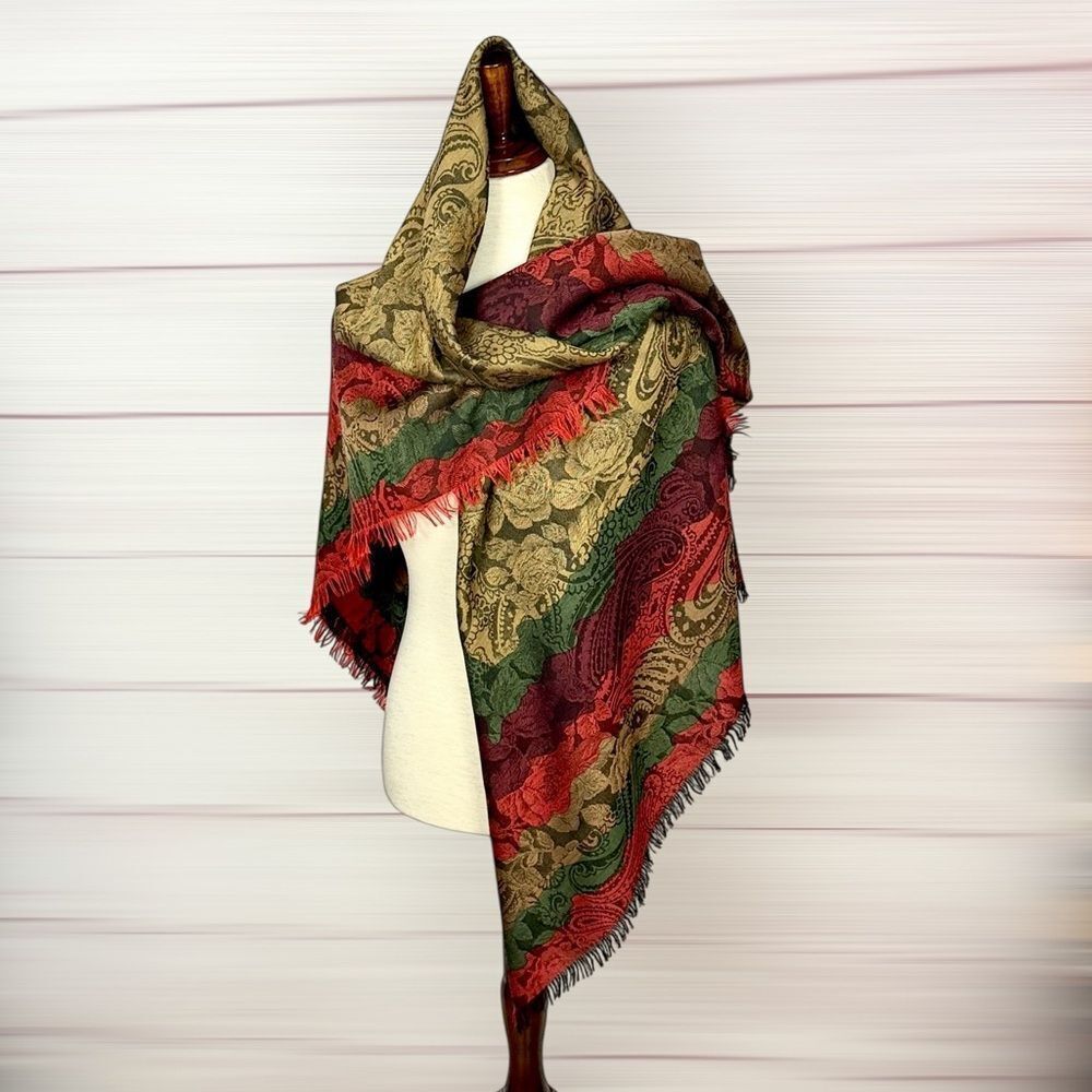 Large Wool Square Scarf Wrap Shawl Paisley Mustard Green Red 52x52" Vintage
